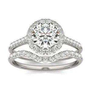 Round Brilliant Signature Accented Halo Bridal Set image, 