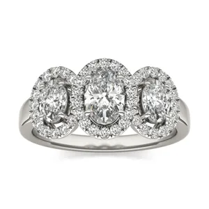 Oval Three-Stone Halo Ring image, 